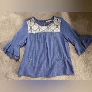 LOFT Blue Blouse with Lace Accents size Large with Ruffle 3/4 sleeves